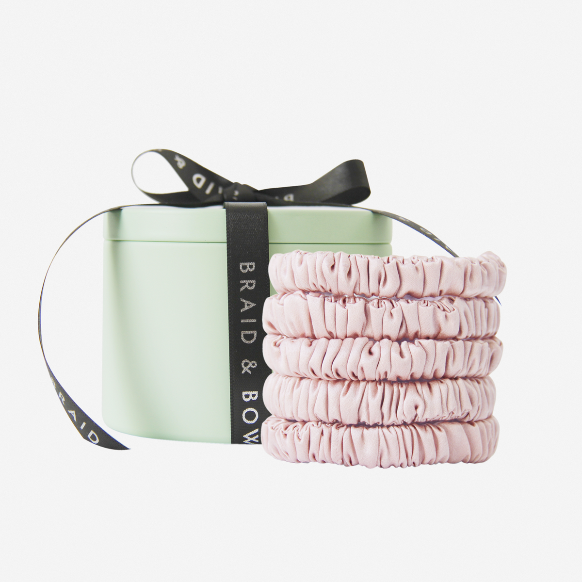 Set of 5 Pink Silk Hair Ties in a Keepsake Tin